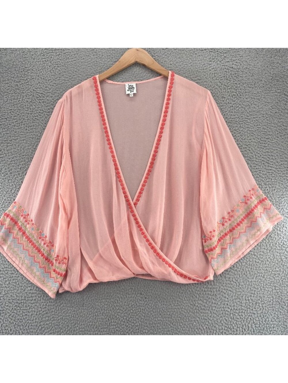 Ivy Jane Top Womens Large Pink Embroidered 3/4 Sleeves Plunging Surplice V Neck